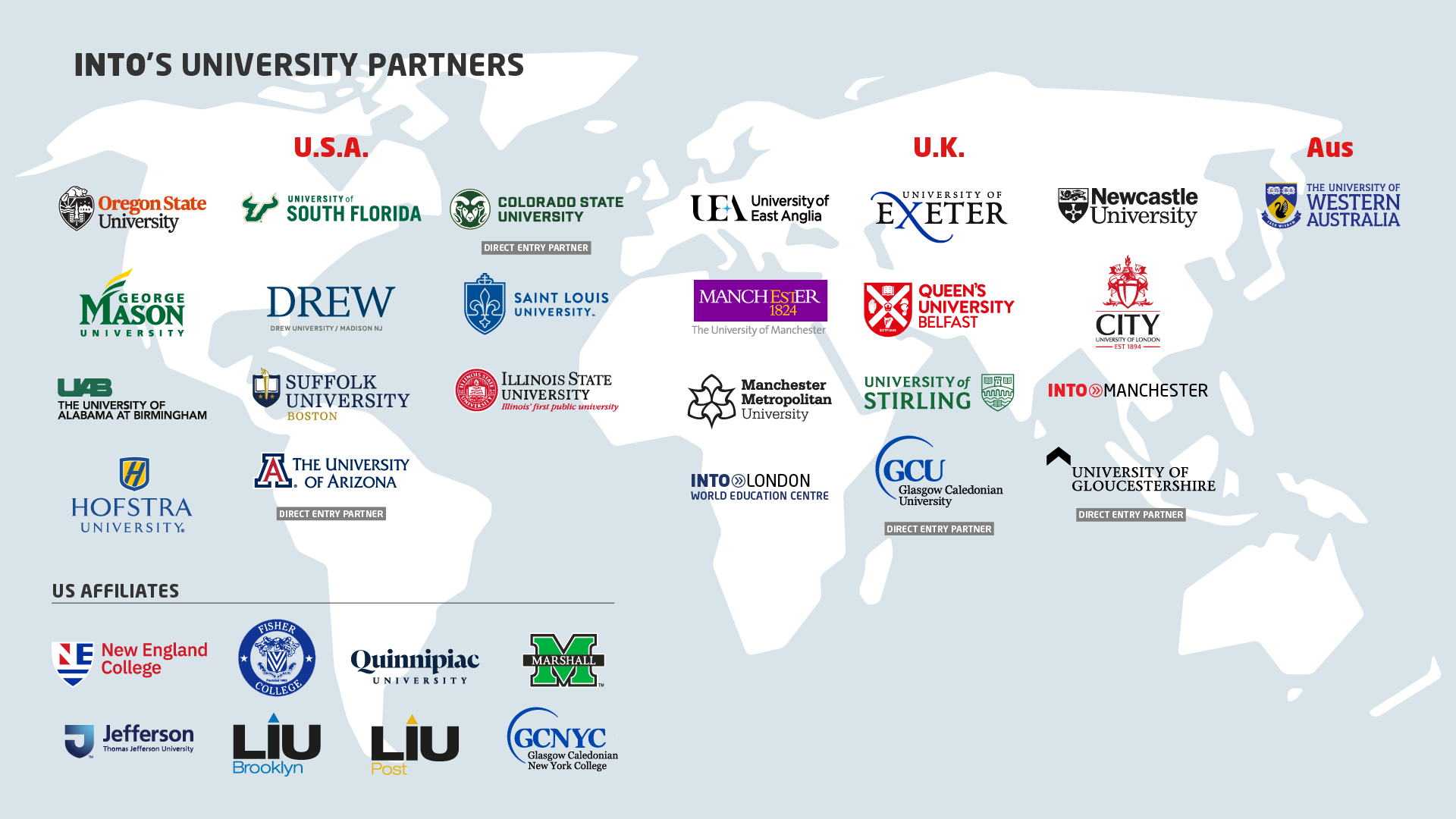 Map presenting logos of INTO’s leading partner universities partners, including 11 in the US, 9 in the UK, 1 in Australia, and 8 US affiliate universities.