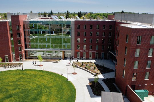 Five-story INTO Oregon State University International Living and Learning Center in heart of campus on sunny day, behind quad filled with students. 