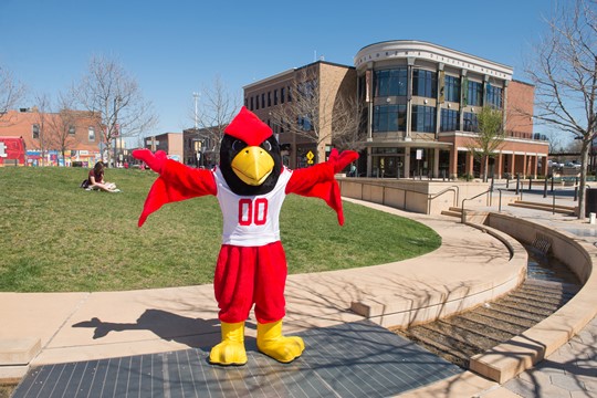 Person dressed as Illinois State University mascot, Reggie Redbird, spreads wings in front of lawn and campus building, wears white jersey with numbers “00.”