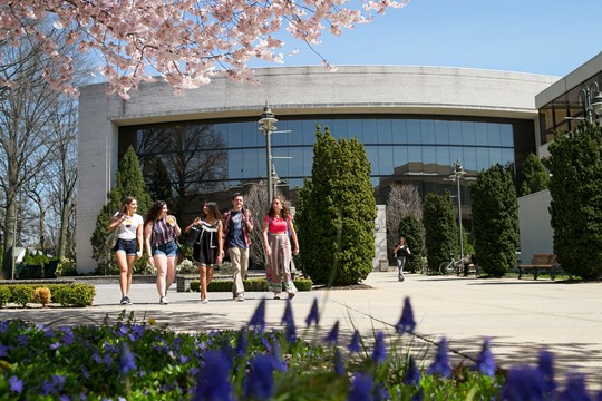 Hofstra University students walk in front of campus building on pathway lined with lavender and trees with white blossoms.