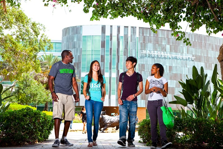 International students from INTO University of South Florida smile and talk as they walk down plant-lined path in front of USF’s Marshall Student Center.