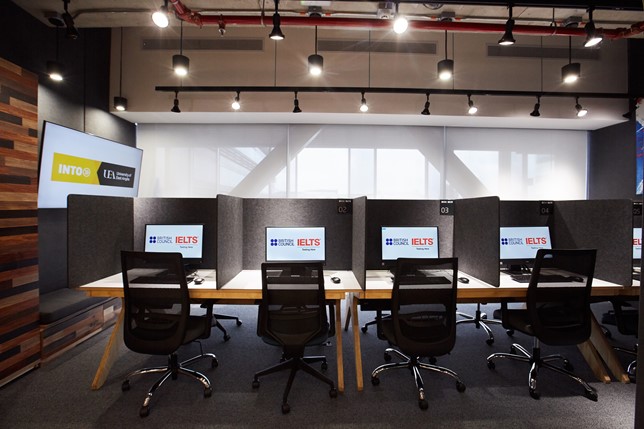 Row of computers at UAC Bogotá set up for CD IELTS examinations in partnership with the British Council.