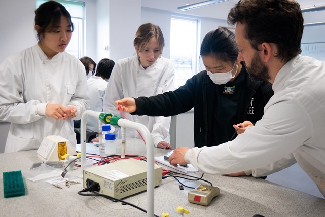International students in the Newton A level Program at INTO University of East Anglia work in science lab.
