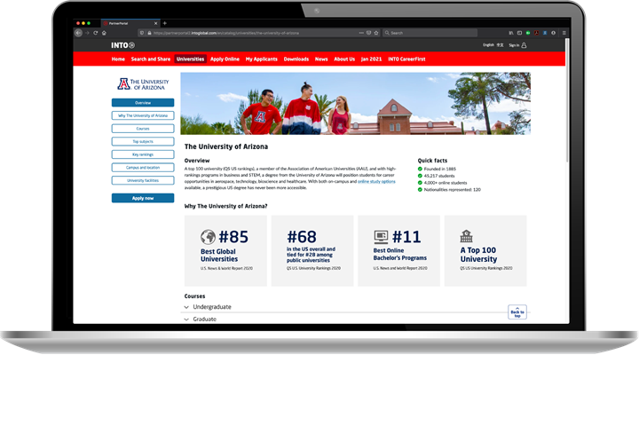 Laptop displays The University of Arizona page on INTO’s Partner Portal website for education counsellors and agents, providing overview and rankings for university.