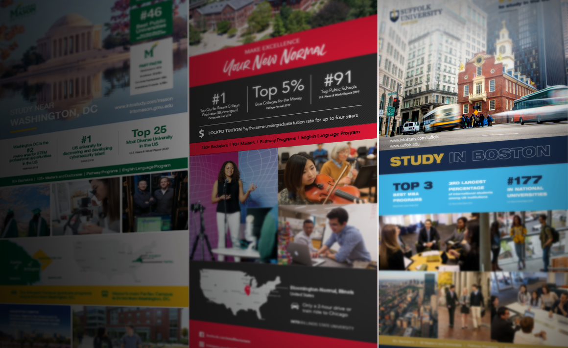 Marketing materials for George Mason University, Illinois State University and Suffolk University illuminated on screen.