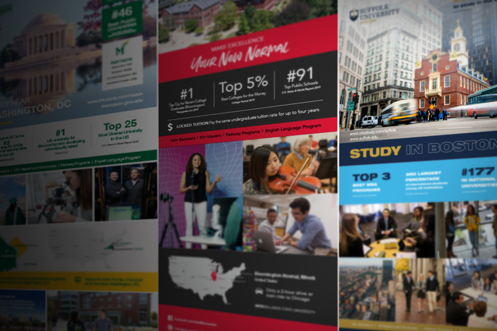 INTO partner university brochures presented in three columns. From left to right, George Mason University, Illinois State University and Suffolk University.